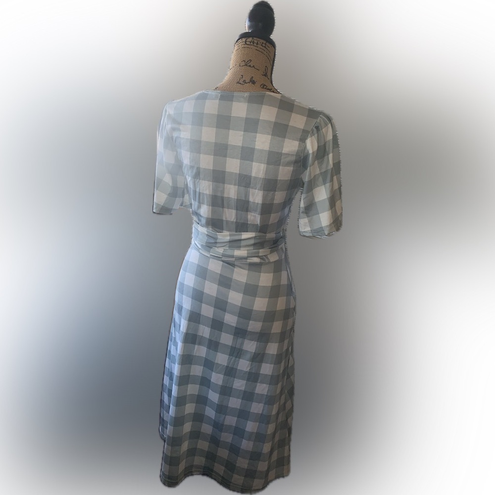 Cottagecore Seafoam Green White Gingham Plaid Flowy Wrap Midi Dress 4 Country - Picture 4 of 11